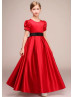 Short Sleeves Red Satin Flower Girl Dress